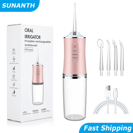 Portable Oral Irrigator USB Rechargeable Dental Water Flosser 4 Nozzles Water Jet 220Ml Water Tank 3 Modes Waterproof